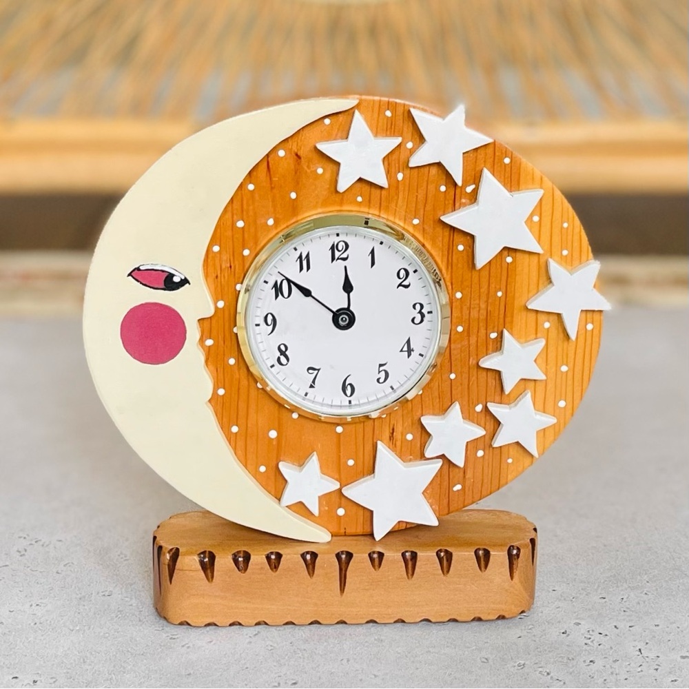 Vintage Handmade Wooden Celestial Moon & Stars Wooden Table Clock